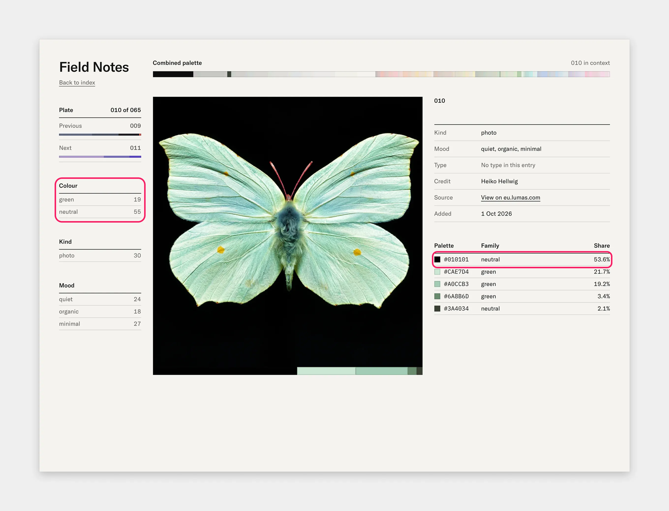The Field Notes entry page for a pale green butterfly on black, before the filter change: its colour tags are green and neutral, and the black row in the palette table, 53.6%, is outlined