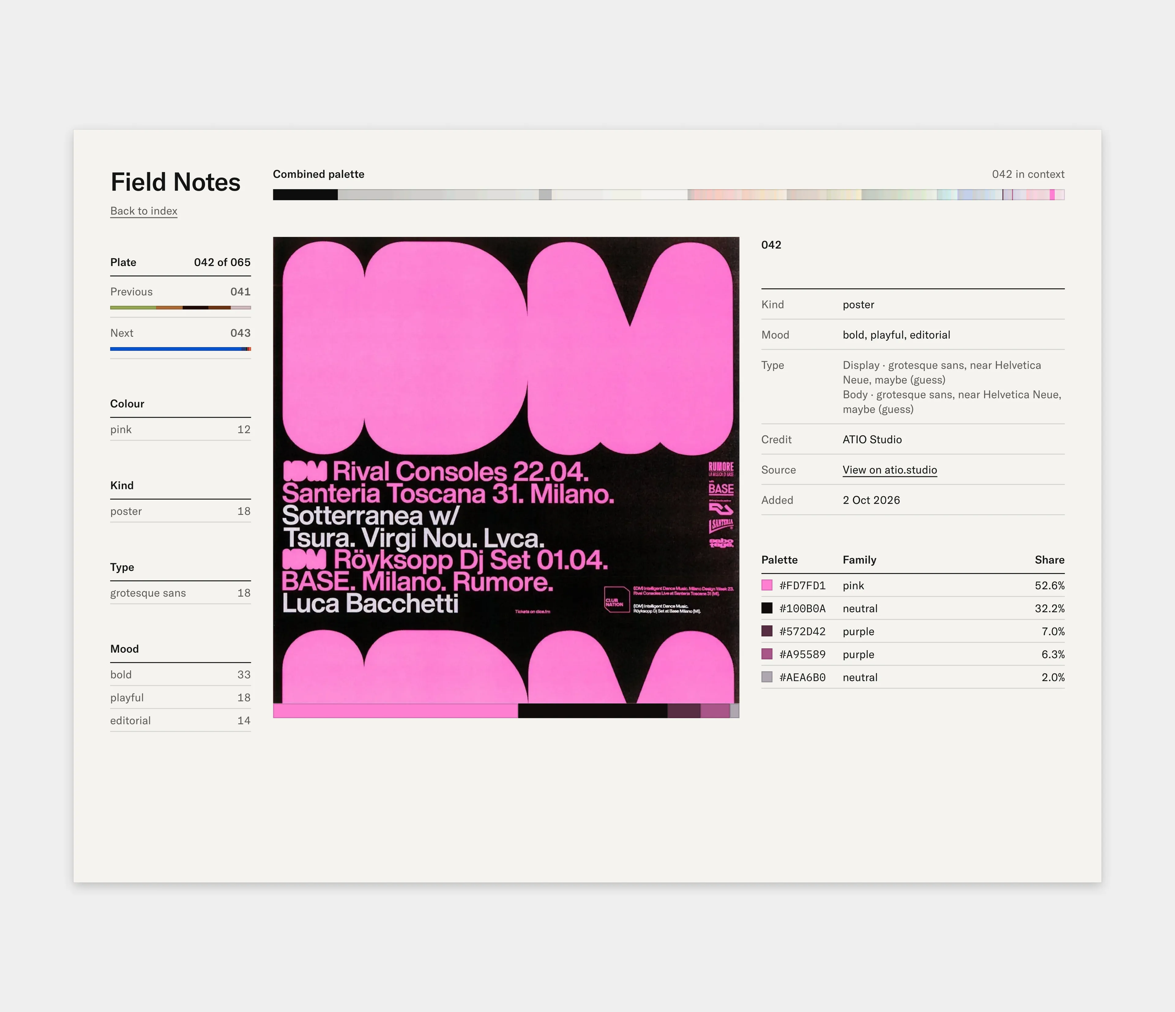 A Field Notes entry page for a black poster with huge pink letters, showing its kind, mood, two type lines marked as guesses, credit, source and a palette table