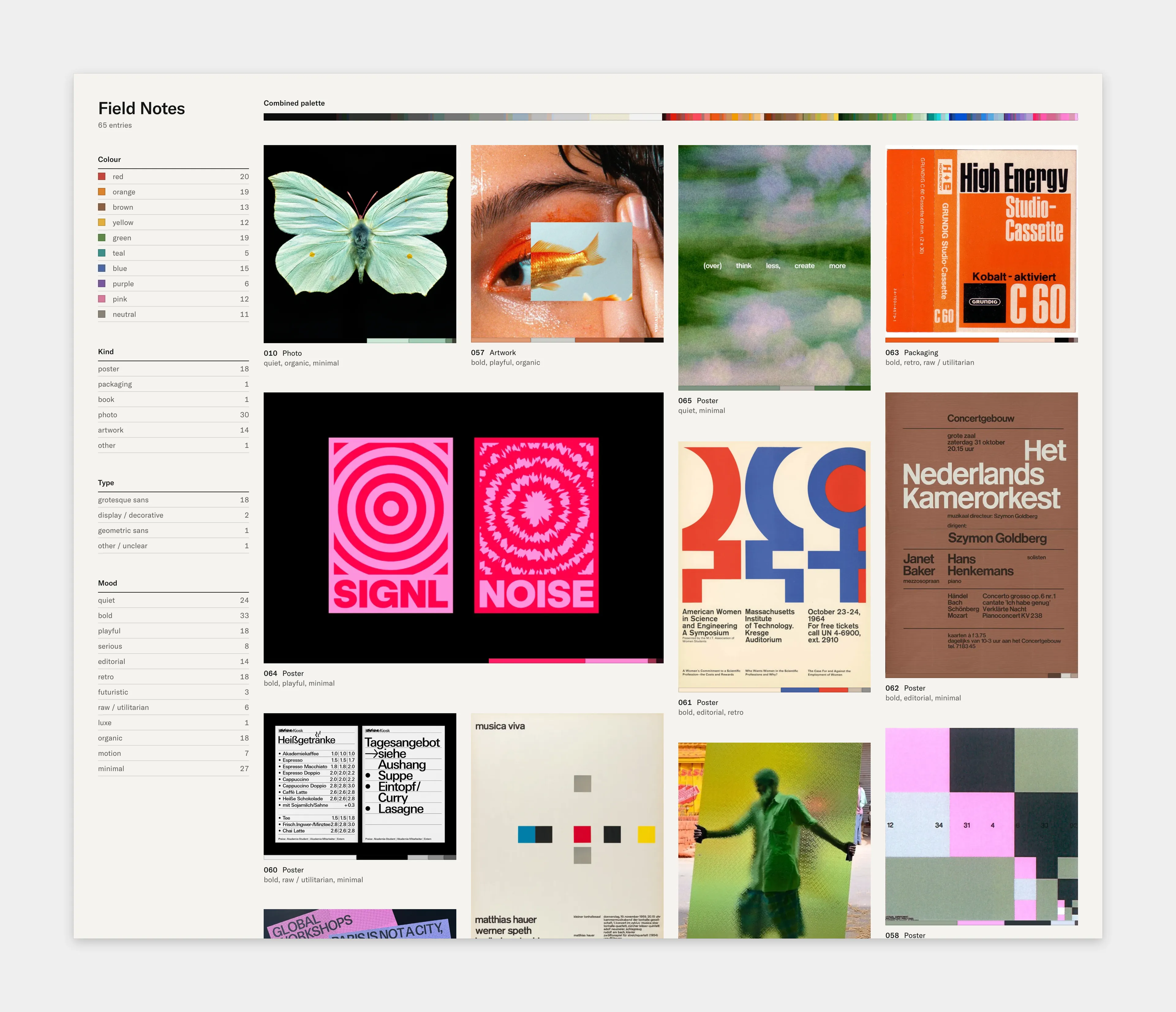 Field Notes: an index of colour, kind, type and mood on the left, the combined palette across the top, and a grid of saved posters, photos and packaging
