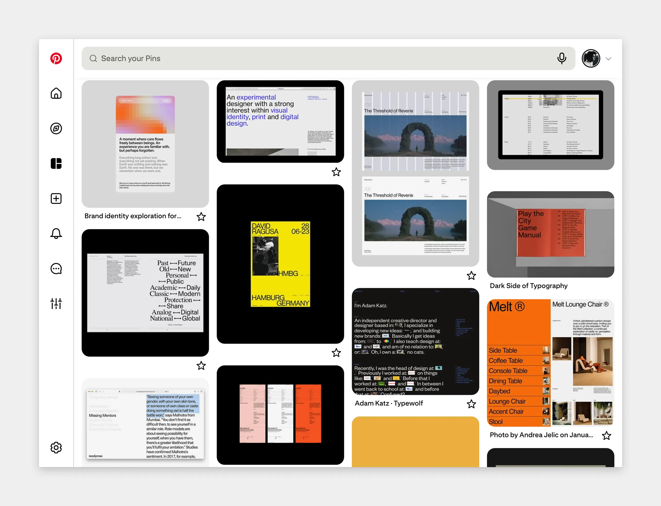 A Pinterest board of saved posters, typography and 3D work