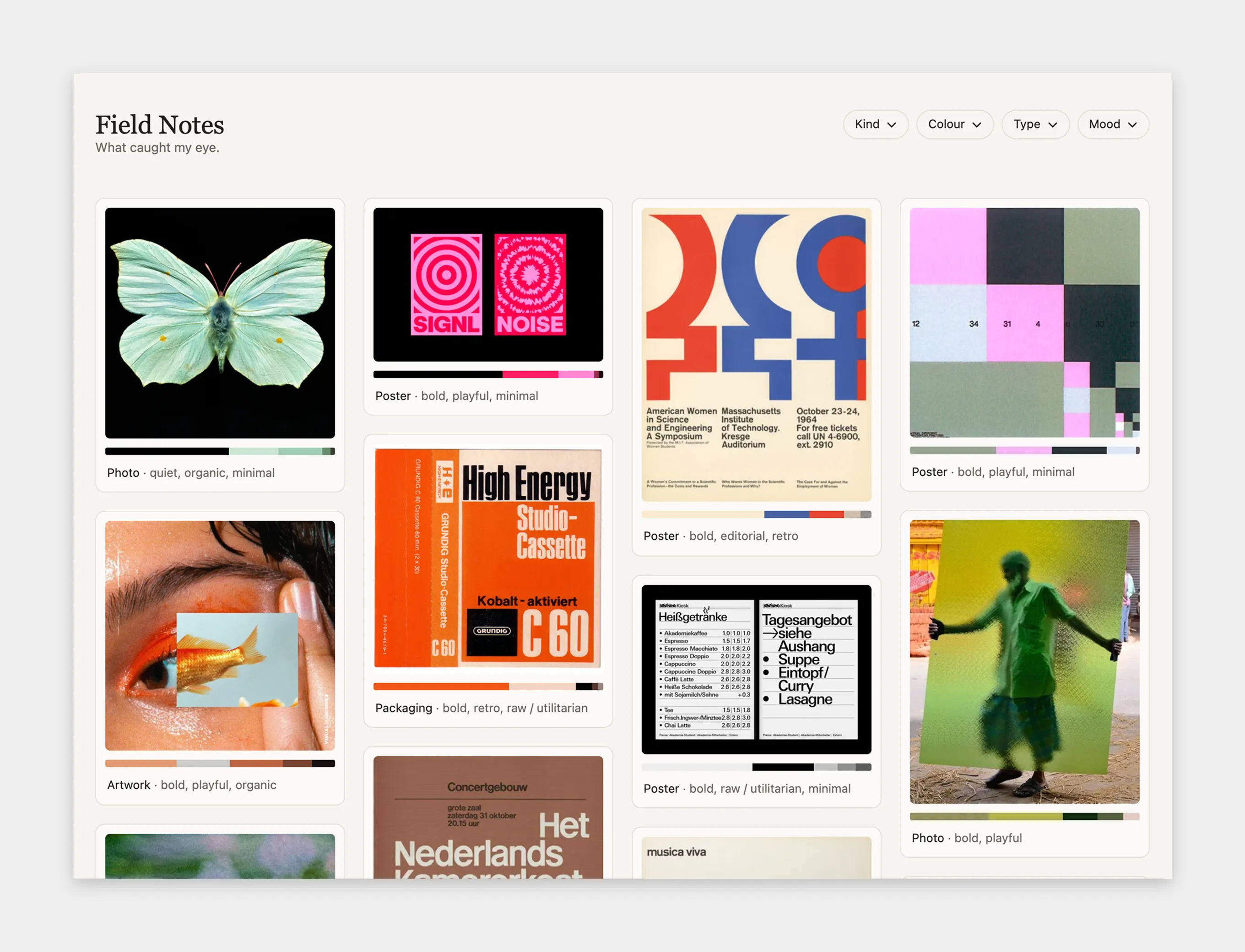 The first Field Notes front page: a grid of boxed cards, each with an image, a palette strip and its kind and mood, with four filter dropdowns at the top right