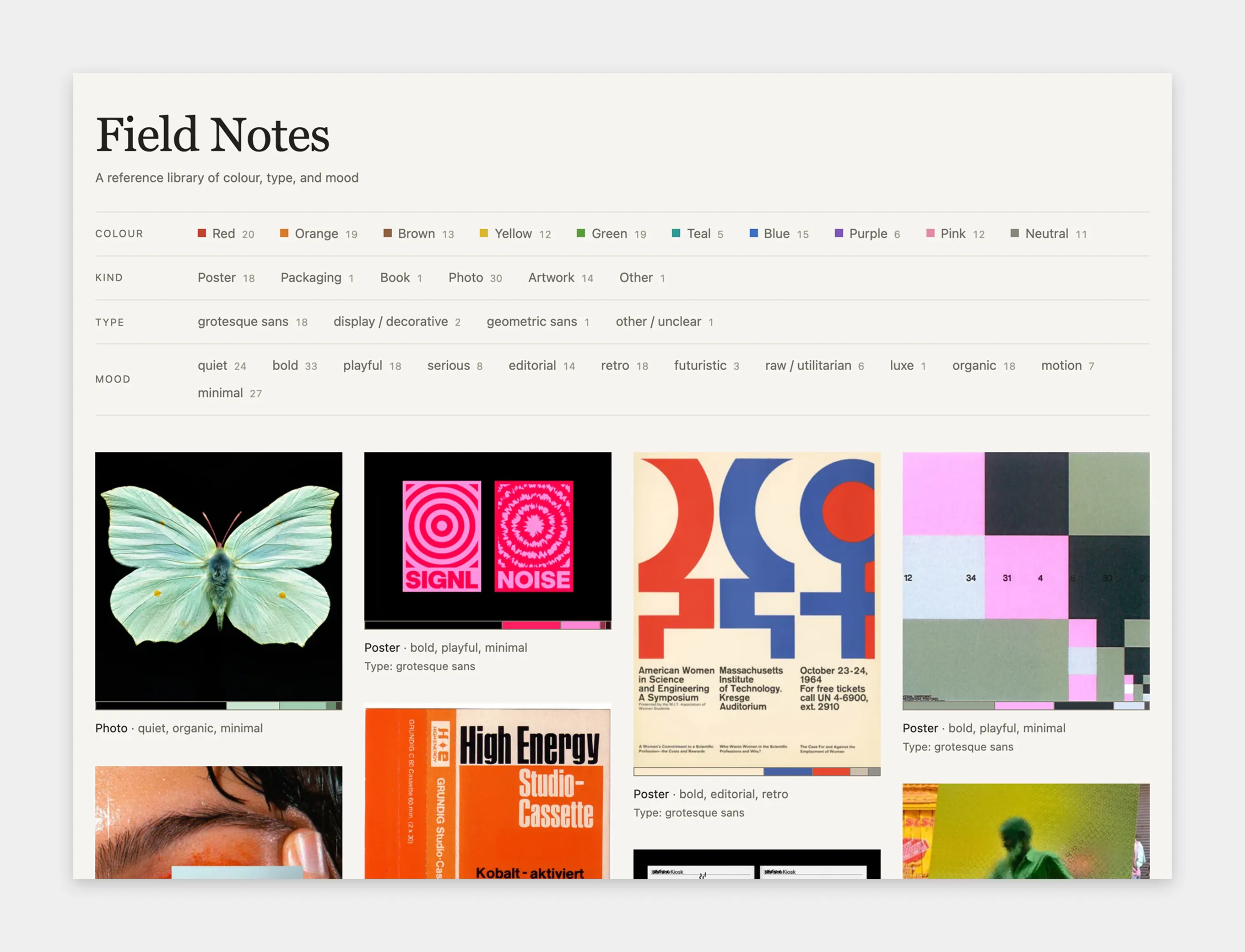 The second Field Notes front page: rows of filters for colour, kind, type and mood across the top, above a grid of images with their kind, mood and type