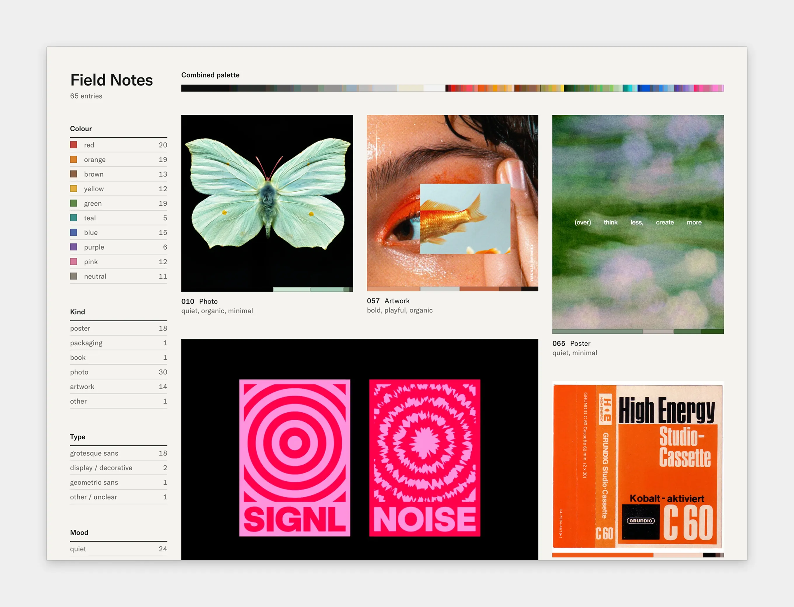 The final Field Notes front page: an index of colour, kind, type and mood down the left, the combined palette across the top, and a grid of saved images