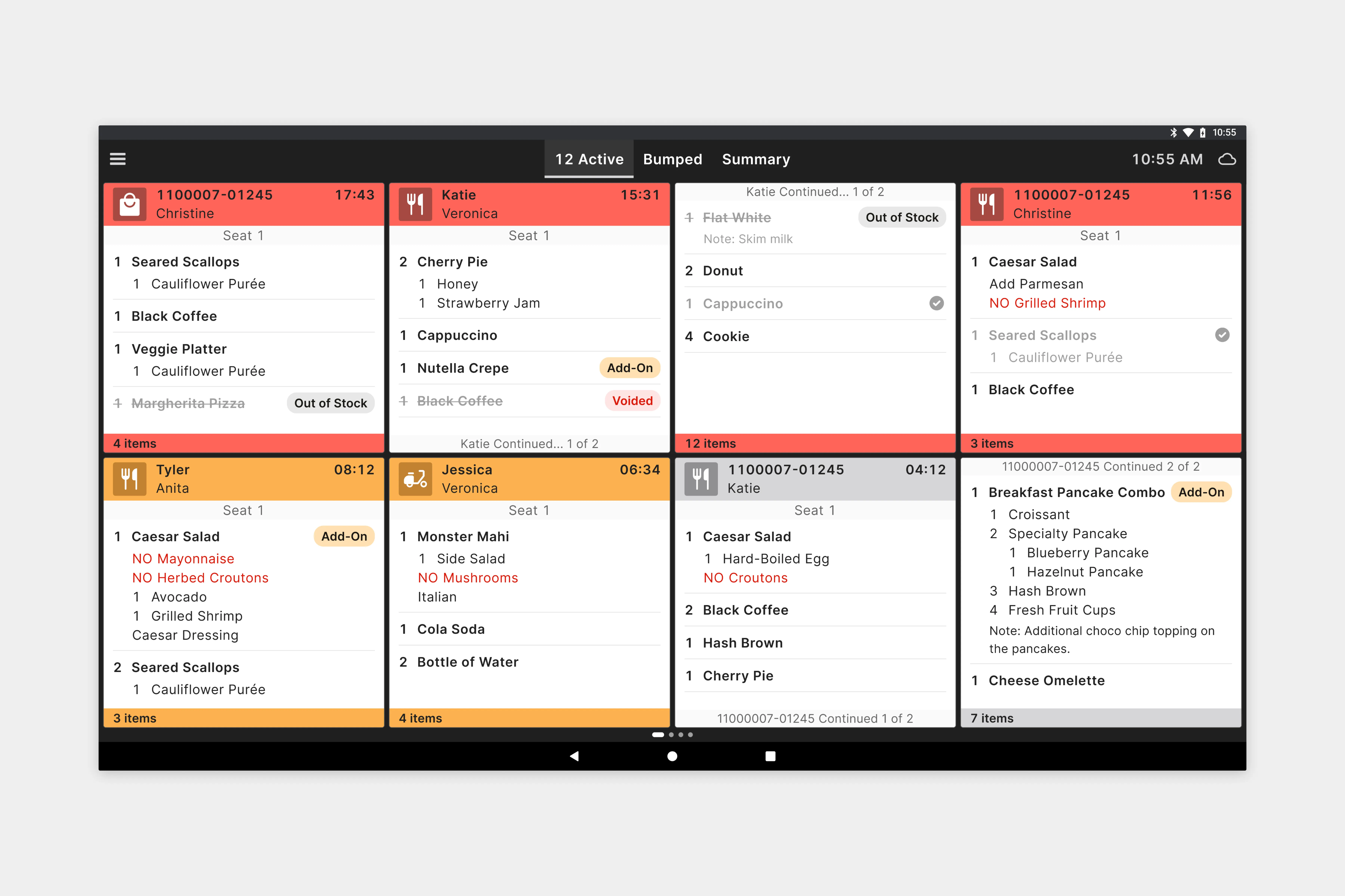 Final Active View with order tickets, statuses, and modifiers