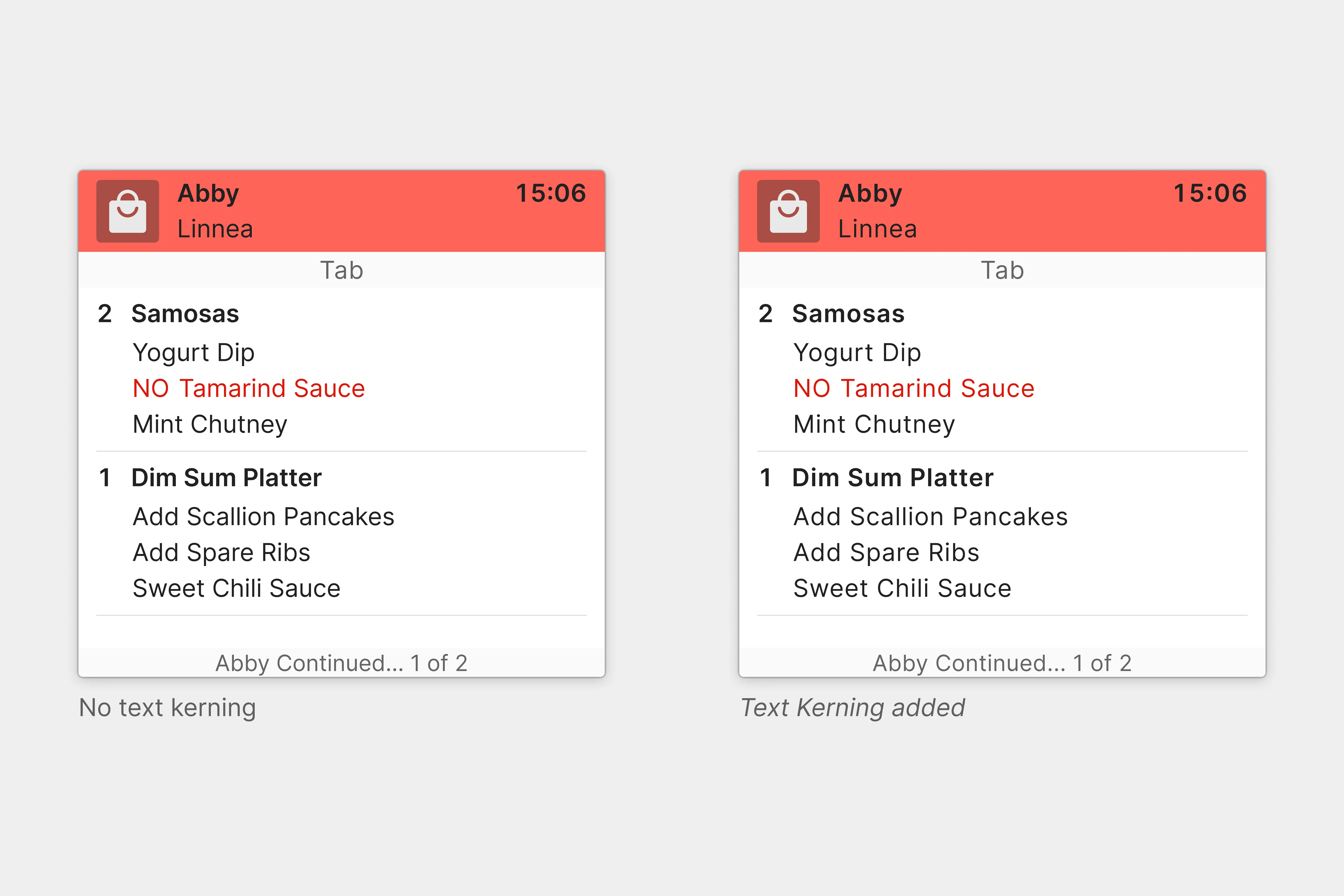 Ticket text with and without added kerning, showing improved letterform distinction