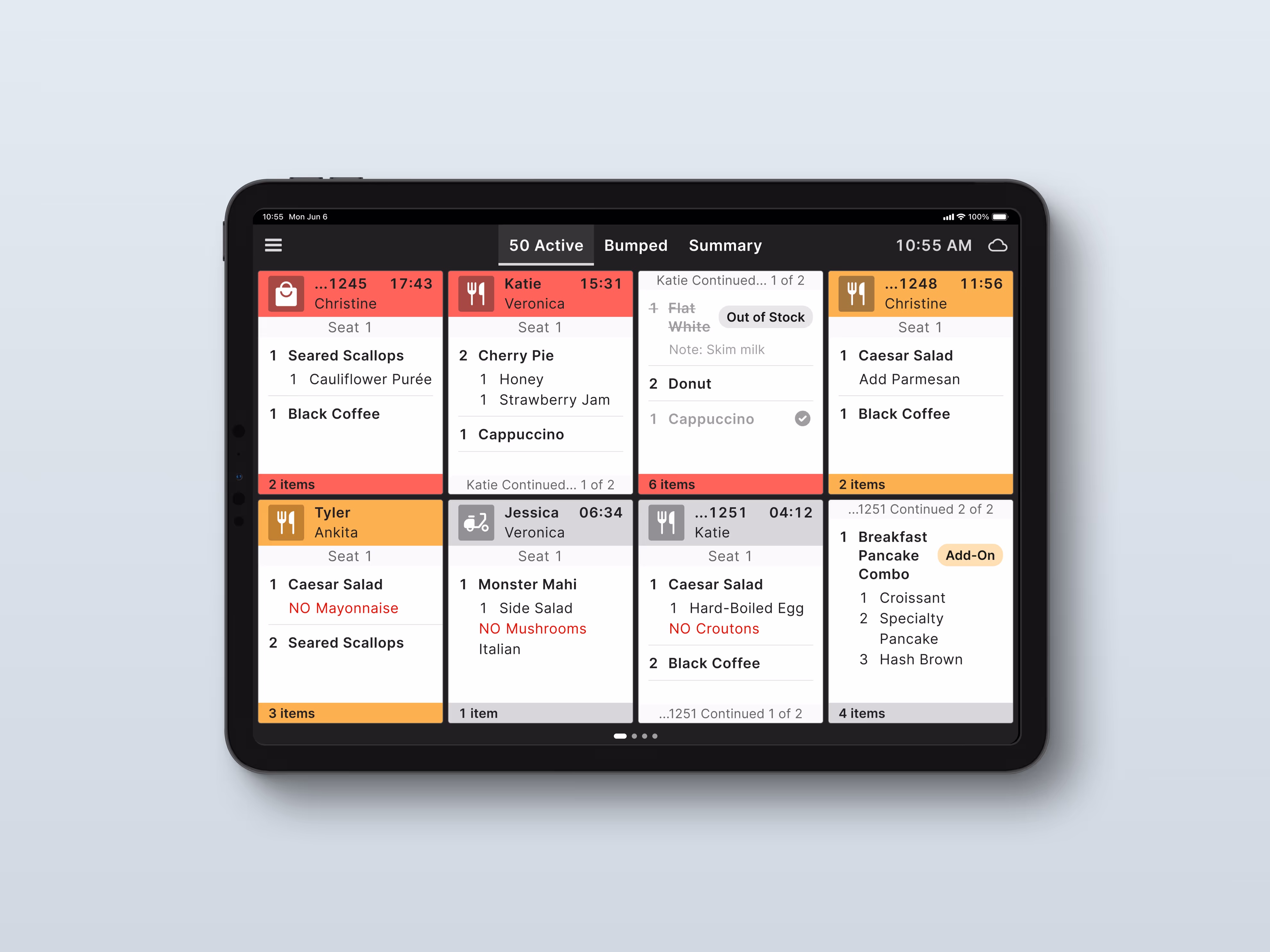 Kitchen Display System Active View showing order tickets in a restaurant kitchen
